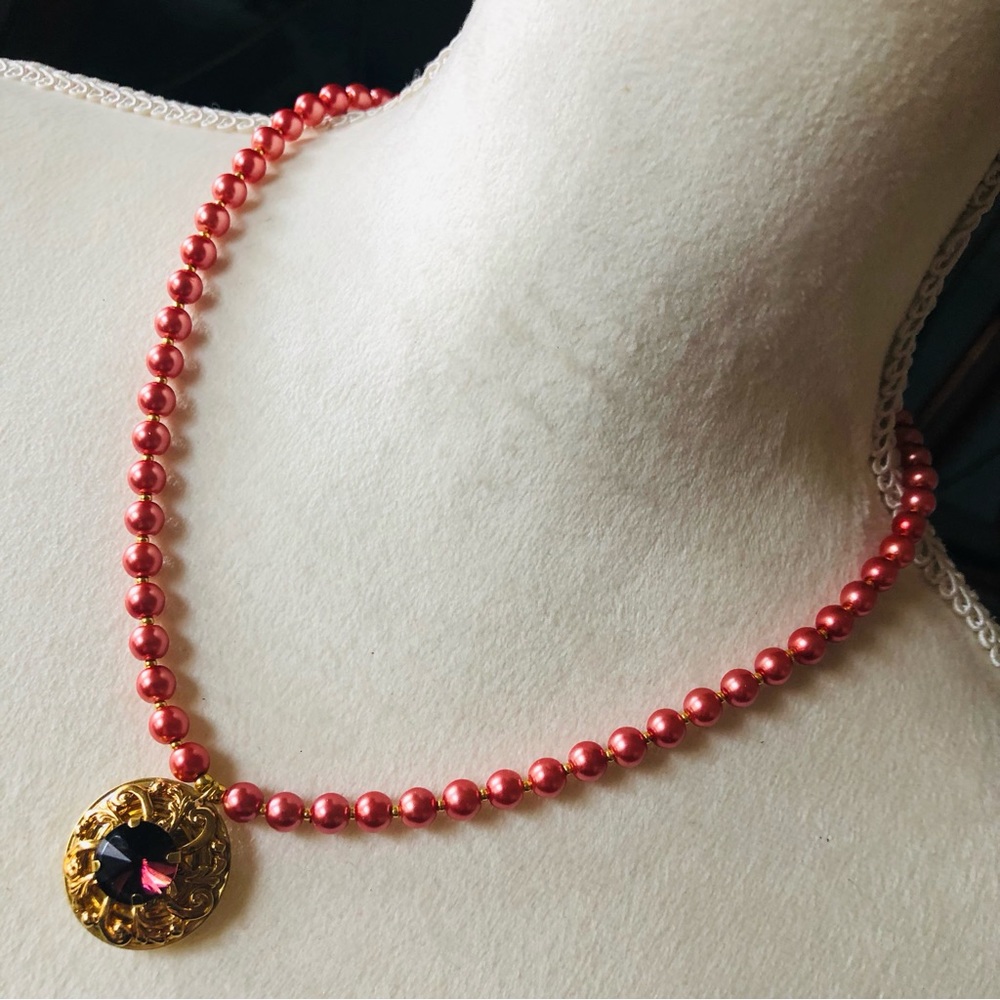 Handcrafted repurpose faceted stone pendant Czech glass Pearl necklace